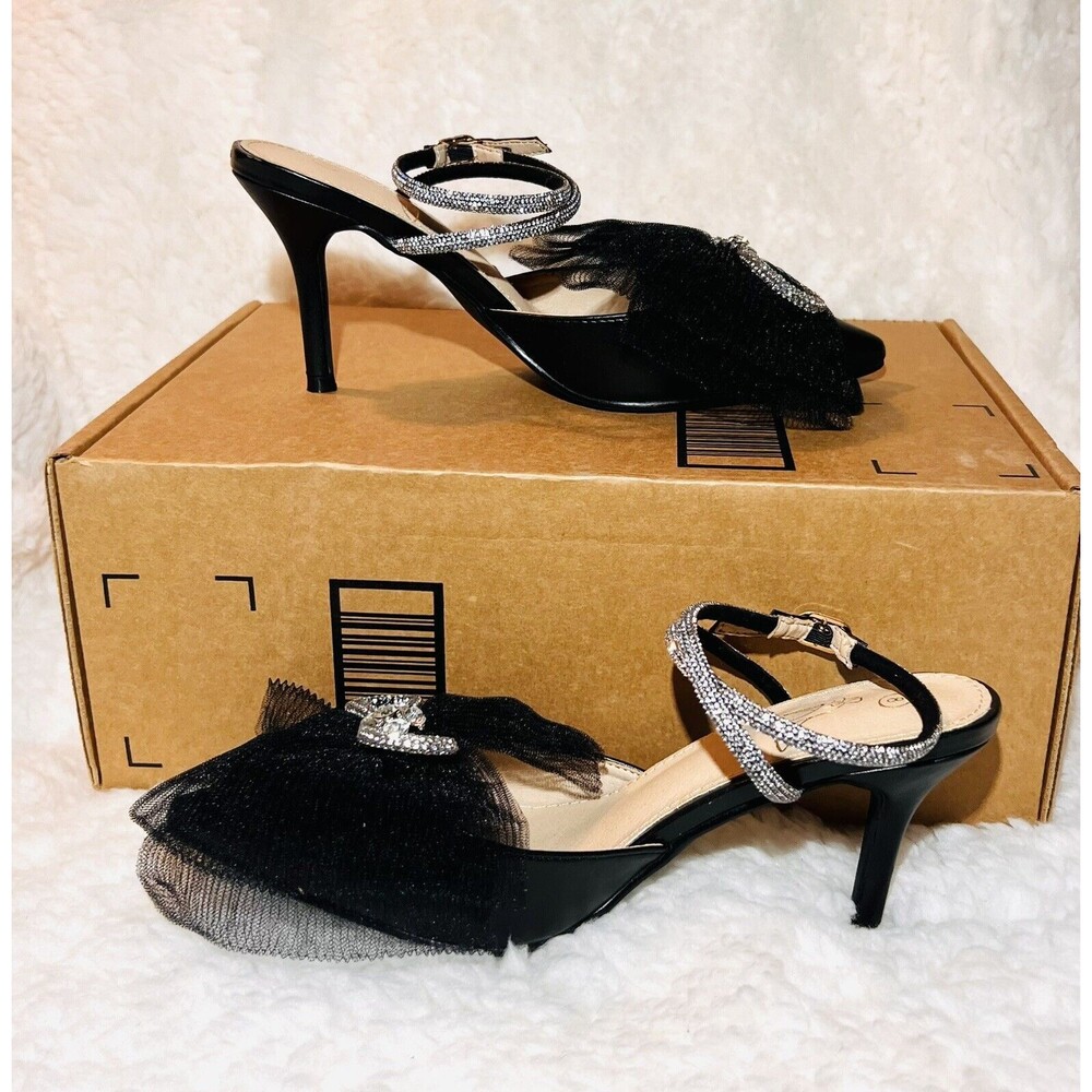 Perphy Women’s Rhinestone Mesh Bow Slingback Stiletto Heel Pumps - Black - 8 - Picture 5 of 8